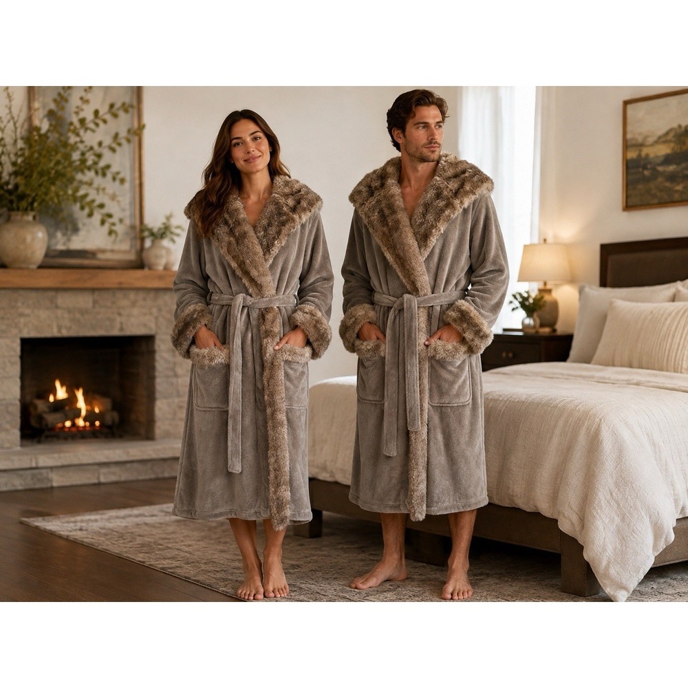 Pottery Barn Unisex L Plush Faux Fur Trim Hooded Robe Gray Taupe Belted Cozy